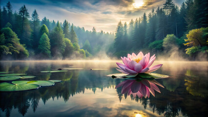 Wall Mural - serene lotus flower blooms on calm water, surrounded by misty forest. tranquil scene reflects natures beauty, evoking sense of peace and harmony