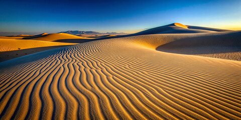 Wall Mural - serene landscape of calming sand dunes under clear blue sky, showcasing soft, rippling patterns in golden sand. tranquil scene evokes sense of peace and natural beauty