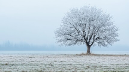 Wall Mural - A lone tree stands in a frosty field, surrounded by a soft blue winter mist, creating a serene landscape.