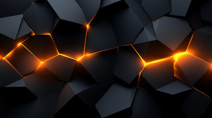 Abstract 3D dark geometric pattern with glowing orange lines creating a dynamic futuristic background