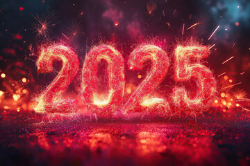 celebrate 2025 with red fireworks, glowing numbers with explosion effect, explosive new years eve, p