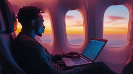 Software developer coding on laptop in airplane cabin during sunset. Modern work lifestyle concept