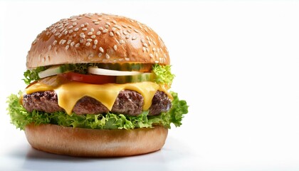 a juicy cheeseburger with a beef patty, melted cheese, lettuce, tomato, onions, and a sesame bun, sh