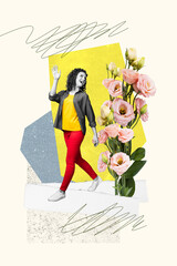 Wall Mural - Composite artwork sketch image photo collage of surreal space spring season flower nature woman day young lady walk hand gesture hello