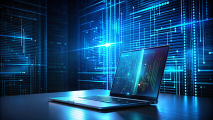 Futuristic digital data network concept with blue code on laptop screen