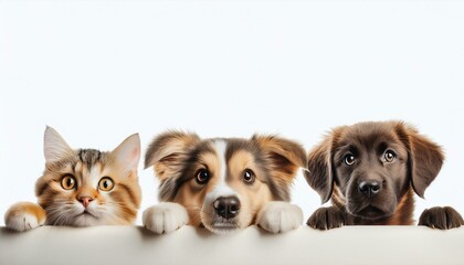 A group of cute puppies and dogs, including two adorable chihuahua puppies, sitting together in a studio on a white background