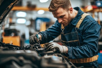 Mechanic working on a car engine with a tool