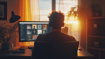 Remote worker on a video call during a webinar, actively discussing project details and fostering teamwork in a digital workspace.