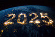 © DOC - celebrate 2025 with written from lights in the night on earth, glowing citylights, global new years eve, photorealistic