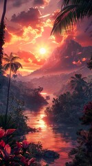 Canvas Print - Stunning Tropical Sunset Over River And Lush Jungle