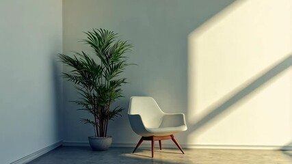 Wall Mural - a white chair sits in a room with a large potted palm tree, sunlight streams through the window cast