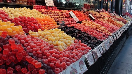 Poster - Colorful assortment of delicious gummy candies displayed in a storefront during daytime 