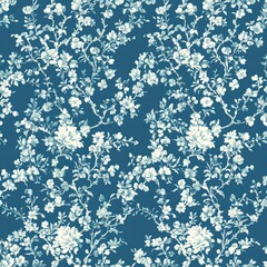 Poster - Blue and white chinoiserie floral toile seamless repeat pattern.  