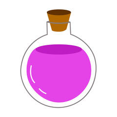 Illustration of cartoon flasks with potion. Game potion. Magic phials 2D game UI icon asset, magic bottles for witchcraft, cartoon elixir, love potion poison and antidote.
