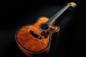 Beautiful acoustic guitar with intricate wood grain and design on a dark background