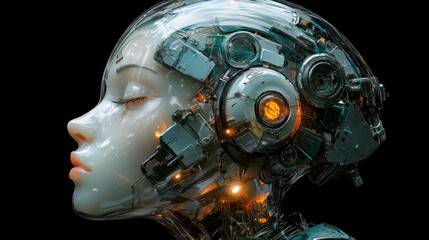 Wall Mural - This is a futuristic robotic head with intricate details and glowing components. It displays a blend of art and technology. A perfect fit for themes of innovation and artificial intelligence. AI