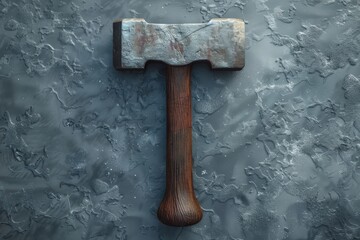 A weathered hammer resting on a textured stone surface in a workshop setting