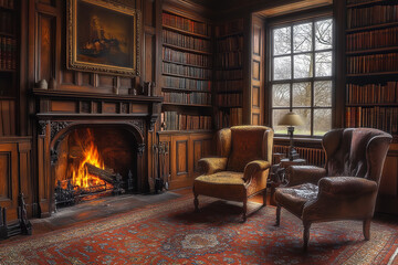 Poster - Classic Vintage Reading Room with Fireplace and Antique Books  