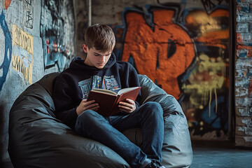 Canvas Print - Urban Chic Loft with Teenager Reading Among Trendy Decor  