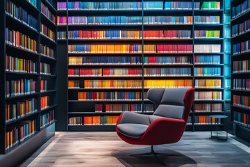 Wall Mural - Modern Minimalist Library with Ambient Lighting and Diverse Titles  