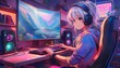 © Ninja in Pajamas - Gamer Girl Immersed in Gameplay with a Cool PC Setup: A Modern Interior Filled with Fluffy Bears and Funkopop Figures in the Background, Capturing the Essence of a Cozy Gaming Environment and Personal