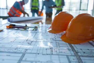 Construction hard hats on blueprints with workers in the background.