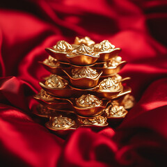 A close-up of traditional Chinese gold ingots stacked on a red silk cloth, intricate details with soft warm lighting, luxurious and festive atmosphere