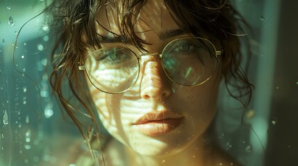 Wall Mural - Close-Up Portrait of Woman with Glasses and Wet Hair