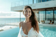 © larrui - Smiling Woman in Lace Dress Enjoying a Sunny Day by the Pool at a Luxury Villa