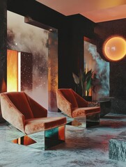 Sculptural Art Deco chairs with sharp, bold shapes and metallic finishes, arranged in a spaceage interior with floating holograms and digital art