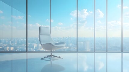 Wall Mural - A modern office interior with floor-to-ceiling windows showcasing a bright cityscape view, complemented by a single elegant chair and a reflective floor in a contemporary workspace.