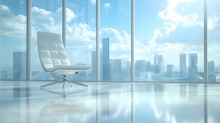 Wall Mural - A modern office interior with floor-to-ceiling windows showcasing a bright cityscape view, complemented by a single elegant chair and a reflective floor in a contemporary workspace.