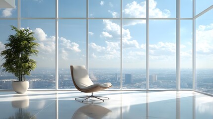 Wall Mural - A modern office interior with floor-to-ceiling windows showcasing a bright cityscape view, complemented by a single elegant chair and a reflective floor in a contemporary workspace.