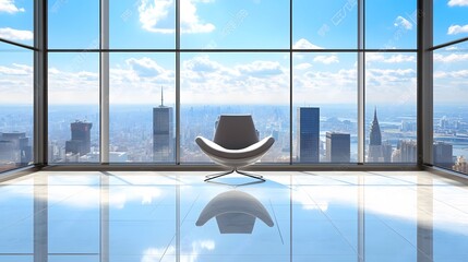 Wall Mural - A modern office interior with floor-to-ceiling windows showcasing a bright cityscape view, complemented by a single elegant chair and a reflective floor in a contemporary workspace.