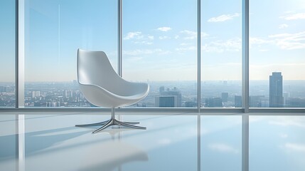 Wall Mural - A modern office interior with floor-to-ceiling windows showcasing a bright cityscape view, complemented by a single elegant chair and a reflective floor in a contemporary workspace.