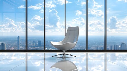 Wall Mural - A modern office interior with floor-to-ceiling windows showcasing a bright cityscape view, complemented by a single elegant chair and a reflective floor in a contemporary workspace.