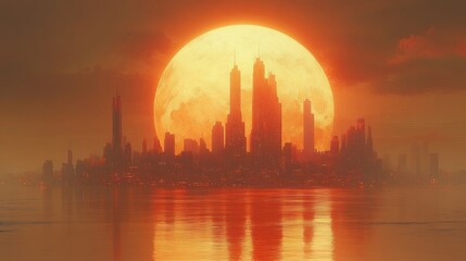 Wall Mural - A dramatic sunset over a silhouetted city skyline.