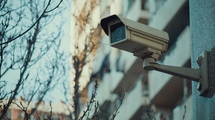 An outdoor security camera mounted on a building, surveying the surrounding area for any suspicious activity.