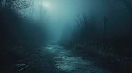 A desolate path shrouded in thick mist, with dim light barely piercing through, creating an eerie Halloween atmosphere full of mystery and suspense.