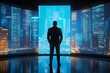 © Mark - The view from the rear of a businessman looking at the night city and the digital interface. Mixed media, Businessman standing in front of a digital big screen hologram displaying business data,