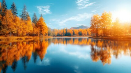 A vibrant autumn forest lake reflecting golden foliage and a clear blue sky under bright sunlight, creating a serene landscape with colorful trees on a crisp fall day.