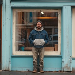 Frustrated Business Owner standing in front of his store Displaying Stress and Concern