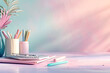© H Art - Light, pastel, lavender pink 3D illustration back to school product, horizontal image from side with pencils and chalk on