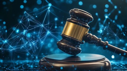 A wooden gavel resting on a sound block with a blue, glowing network of lines in the background.