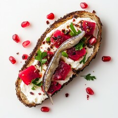 Poster - Delicious gourmet toast featuring vibrant toppings. Fresh cream cheese, sweet pomegranate, and savory fish create a beautiful blend. Perfect for breakfast or brunch. AI