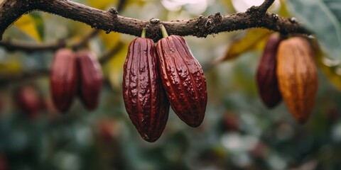 Cacao Pods Hanging on a Tree Branch in a Lush Tropical Environment During Daylight Hours