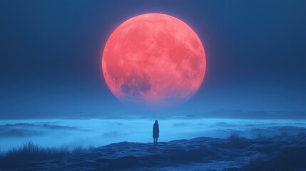 Poster - A silhouette stands before a large, glowing red moon over misty terrain.