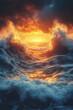 © jodoto - Dramatic Sunset Amidst a Fierce Ocean Storm with Towering Waves and Fiery Clouds