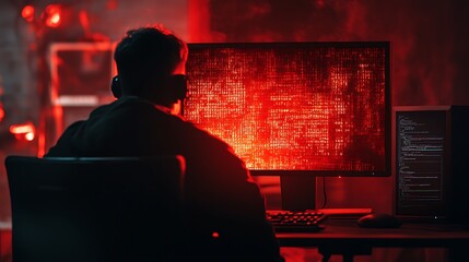 A man sits in a dark room, facing a computer screen with red code. He is wearing headphones and is focused on the screen.
