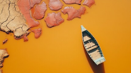 The aerial view shows a solitary fishing boat in a desolate landscape, reflecting the effect of climate change and water scarcity